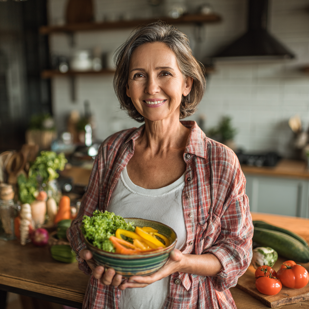 Content Ukrainian woman enjoying light evening meal with vegetables and lean protein