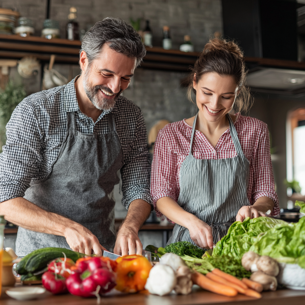 Relaxed Ukrainian adults sharing nutritious meal and laughing together at dining table